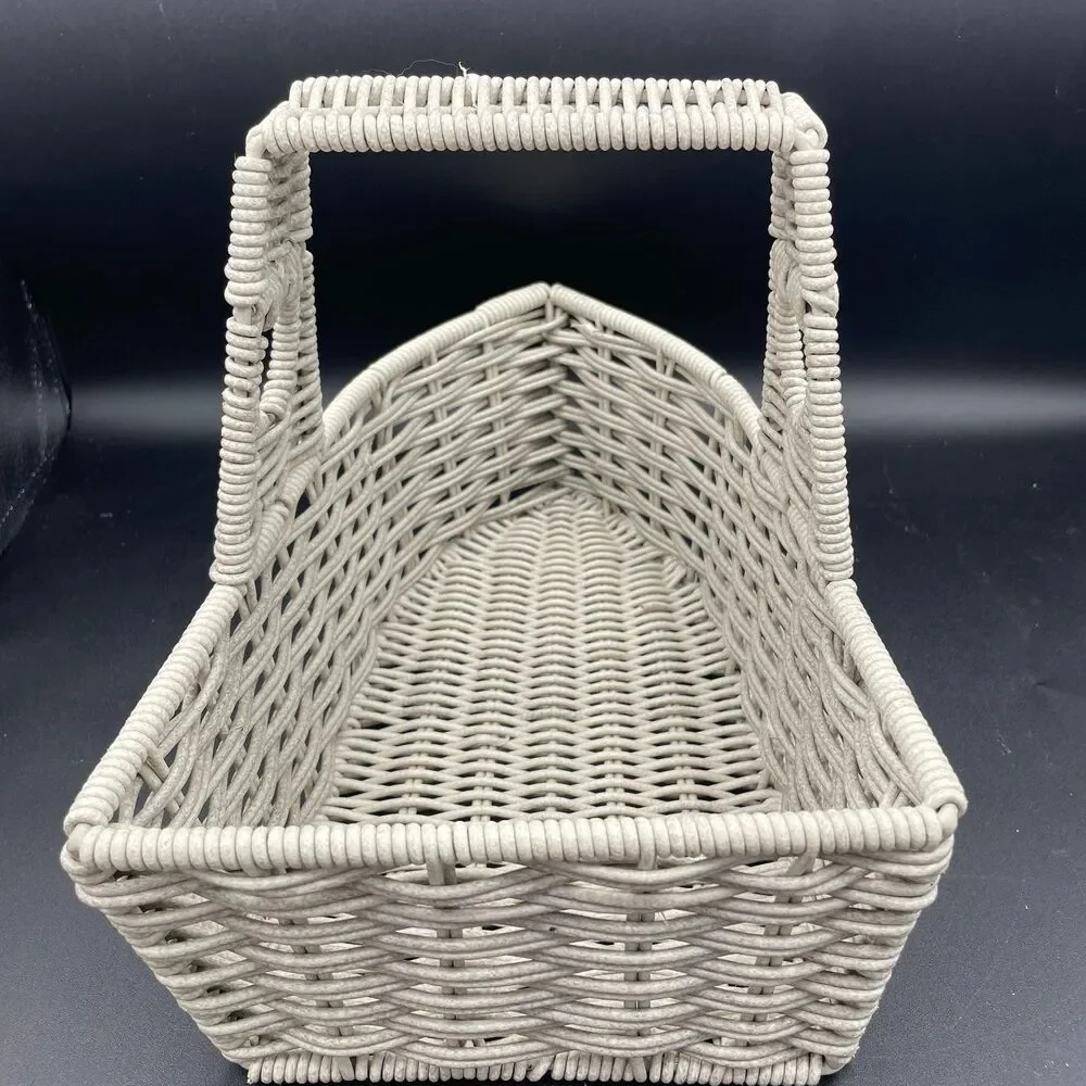 Vintage White Woven Faux Rattan Basket Metal Frame Heavy Weight Storage Caddy
